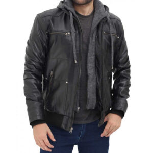 Mens Black Hooded Leather Jacket